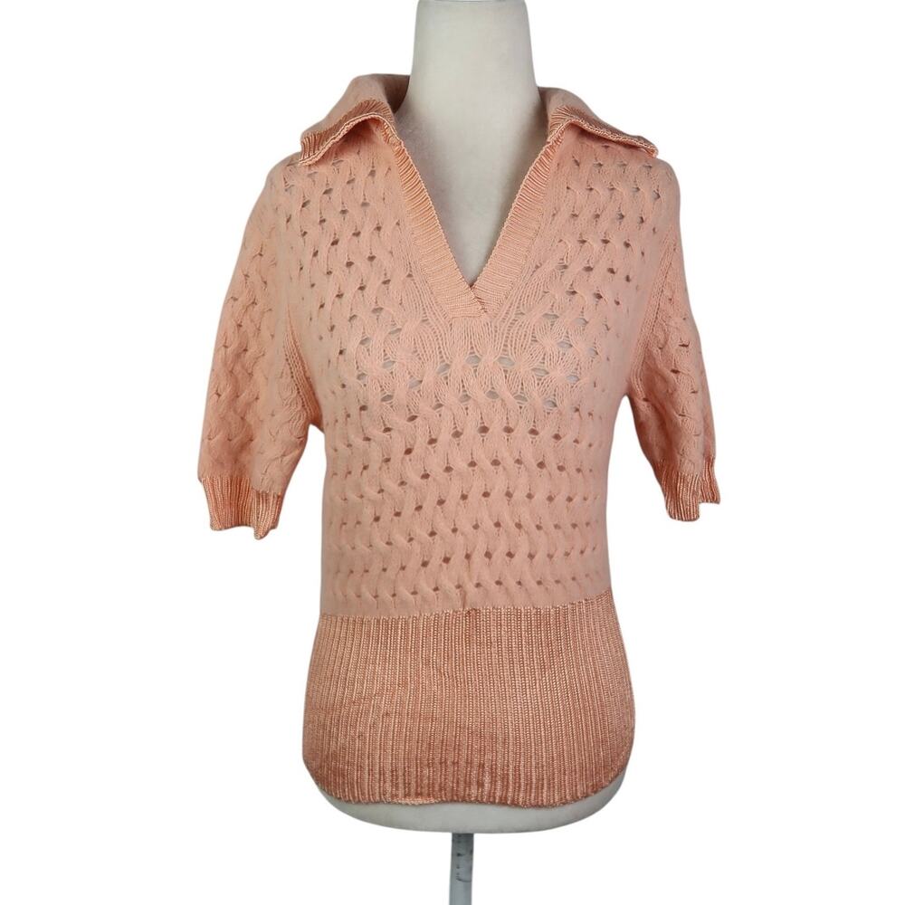 Vintage Y2K Frost Peach Orange Open Knit Crochet Polo Collar Sweater